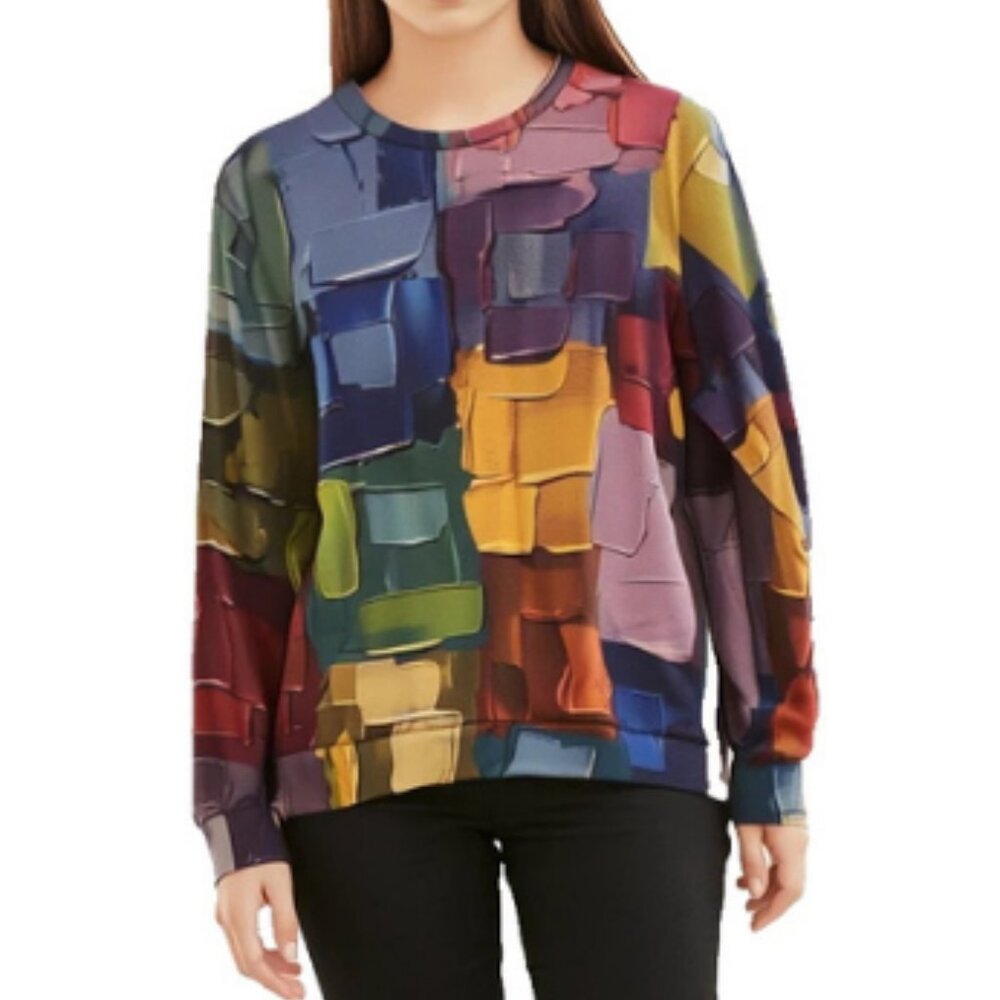 Vibrant Sweatshirt Top Women's Size XL Multi-Color Patchwork Abstract Polyester